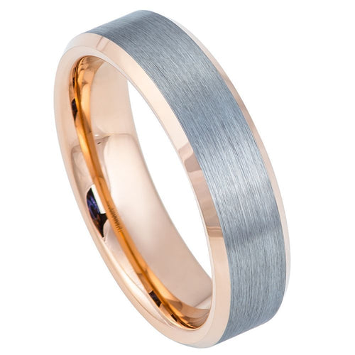 6mm Tungsten Carbide Brushed Gun Metal Finish, High Polished Rose Gold Tone IP Plated Beveled Edge