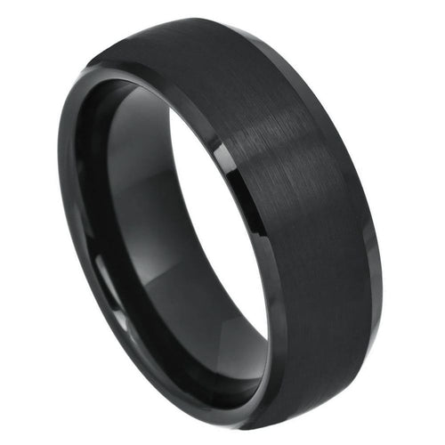8mm Tungsten Carbide Black IP Plated Domed Brushed Center High Polished Beveled Edge Wedding Ring