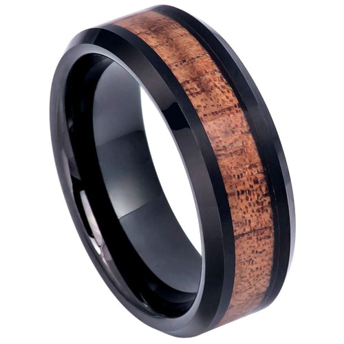 8mm Tungsten Carbide Black IP Plated with Hawaiian Koa Wood Inlay, Beveled Edge Wedding Band Ring