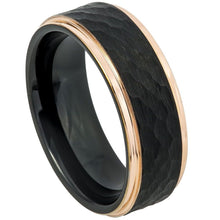 Load image into Gallery viewer, 8mm Tungsten Carbide Two-Tone Black &amp; Rose Gold IP Plated Hammered Center Stepped Edge Wedding Ring