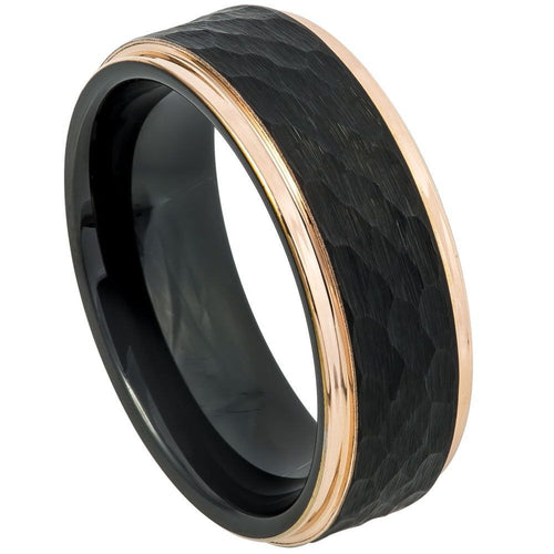 8mm Tungsten Carbide Two-Tone Black & Rose Gold IP Plated Hammered Center Stepped Edge Wedding Ring