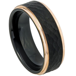 8mm Tungsten Carbide Two-Tone Black & Rose Gold IP Plated Hammered Center Stepped Edge Wedding Ring