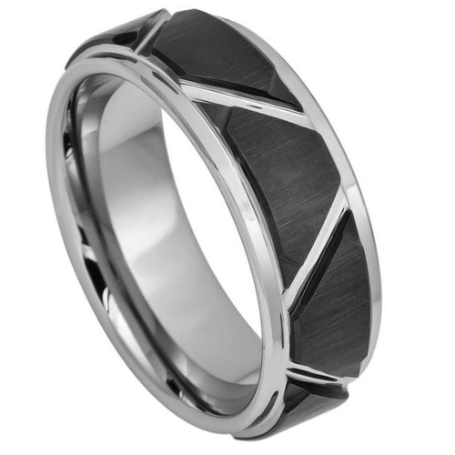8mm Tungsten Carbide Two-tone Brushed Black IP Plated Trapezoids High Polished Outlines Wedding Ring