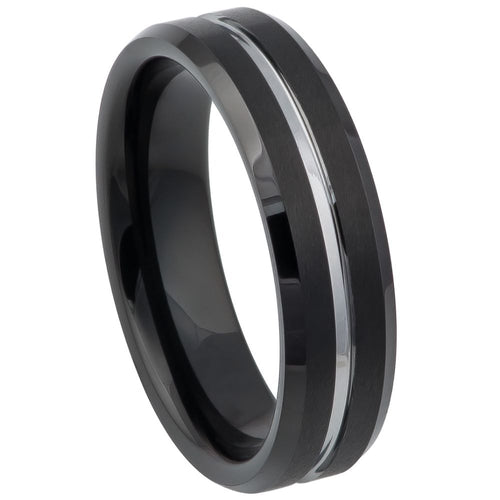 6mm Tungsten Carbide Two-tone Black IP Brushed with Steel Color Grooved Center Beveled Edge