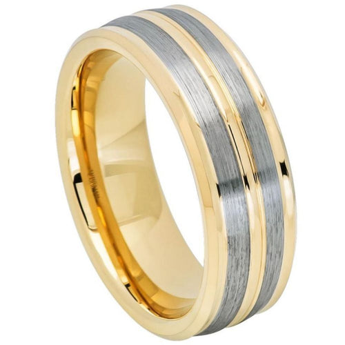 8mm Tungsten Carbide Yellow Gold IP Plated Pinstripe Gun Metal Finish Low Beveled Edge