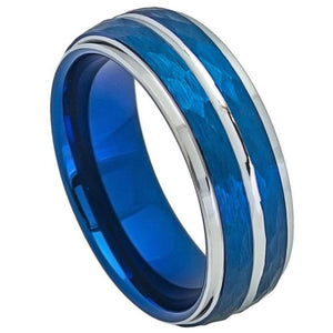 8mm Tungsten Carbide Two-tone Blue IP Plated Hammered Finish High Polished Stepped/Beveled Edge