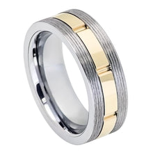 Load image into Gallery viewer, 8mm Tungsten Carbide Gun Metal Screw Thread Sides Yellow Gold IP Plated Grooved Shiny Center