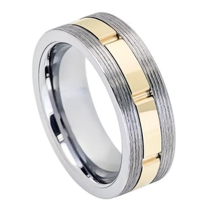 8mm Tungsten Carbide Gun Metal Screw Thread Sides Yellow Gold IP Plated Grooved Shiny Center