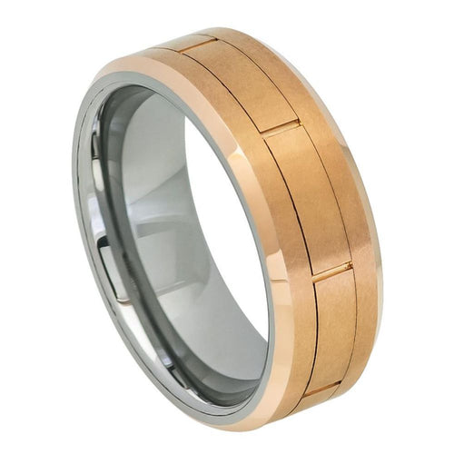 8mm Tungsten Carbide Rose Gold IP Brushed Grooved Center Beveled Edge Wedding Band Ring