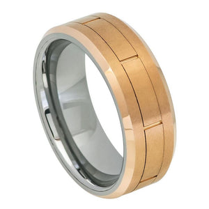 8mm Tungsten Carbide Rose Gold IP Brushed Grooved Center Beveled Edge Wedding Band Ring