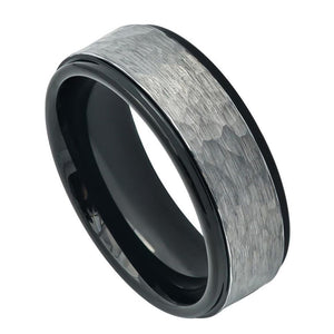 8mm Tungsten Carbide Two-tone Hammered Gun Metal Brushed Finish Black IP Inner Ring Stepped Edge