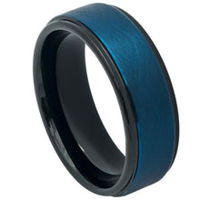 Load image into Gallery viewer, 8mm Tungsten Carbide Blue Tone IP Plated Wire Brushed Finished Center High Polished Stepped Edge