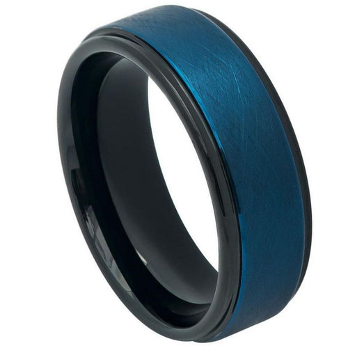 8mm Tungsten Carbide Blue Tone IP Plated Wire Brushed Finished Center High Polished Stepped Edge