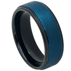 8mm Tungsten Carbide Blue Tone IP Plated Wire Brushed Finished Center High Polished Stepped Edge