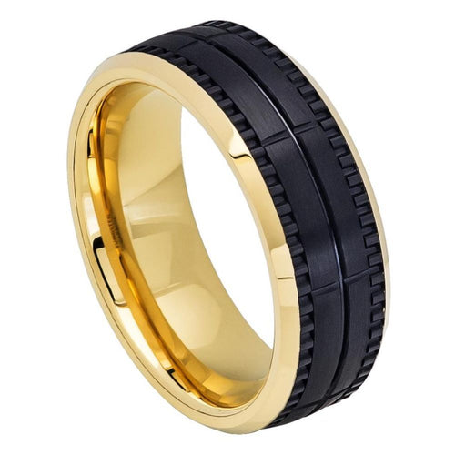 8mm Tungsten Carbide Two-tone Yellow IP Inside Black IP Outside Brushed Grooved Ring