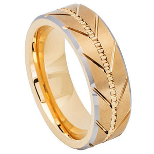 8mm Tungsten Carbide Rose Gold IP Plated Brushed Center Beveled Edge with Zipper Grooved Center
