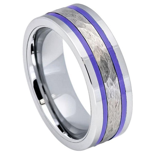 8mm Tungsten Carbide Pipe-Cut Hammered Center with Two Blue Hue/Bluish Trims Shiny Edges