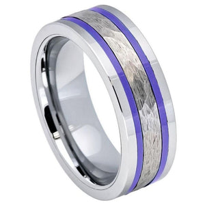 8mm Tungsten Carbide Pipe-Cut Hammered Center with Two Blue Hue/Bluish Trims Shiny Edges