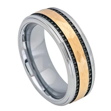 Load image into Gallery viewer, 8mm Tungsten Carbide Yellow Gold IP Hammered Center with Black IP Plated Stripes on the side