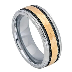 8mm Tungsten Carbide Yellow Gold IP Hammered Center with Black IP Plated Stripes on the side