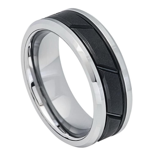 8mm Tungsten Carbide Two-tone Black IP Center with Diagonal Grooves Wedding Band Ring
