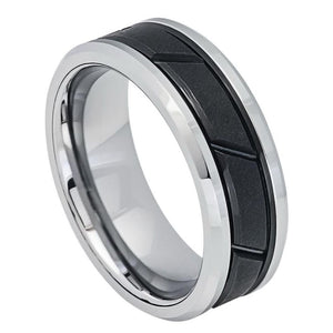 8mm Tungsten Carbide Two-tone Black IP Center with Diagonal Grooves Wedding Band Ring