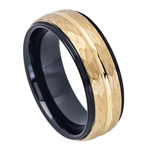 8mm Tungsten Carbide Two-tone Black IP Inside Yellow Gold IP Hammered Finish with Center Groove