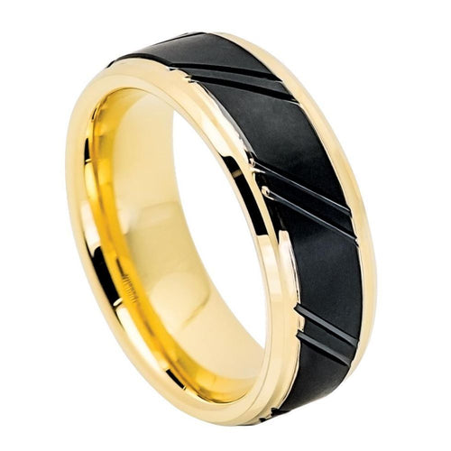 8mm Tungsten Carbide Yellow Gold IP Plated Inner Ring Stepped Edge with Black IP Diagonally Grooved