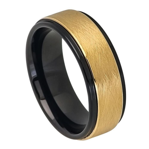 8mm Tungsten Carbide Two-tone Black IP Inside Yellow Gold IP Wire Brushed Finish Center Stepped Edge