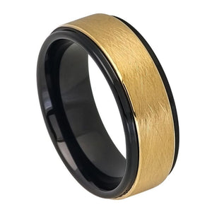 8mm Tungsten Carbide Two-tone Black IP Inside Yellow Gold IP Wire Brushed Finish Center Stepped Edge