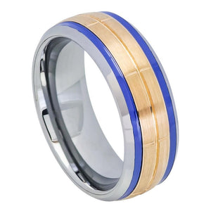 8mm Tungsten Carbide Rose Gold IP Plated Brushed Grooved Center Beveled Edge with Blue Hue/Bluish
