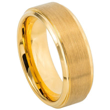 Load image into Gallery viewer, 8mm Tungsten Carbide Yellow Gold IP Plated Flat Brushed Center with High Polish Stepped Edge