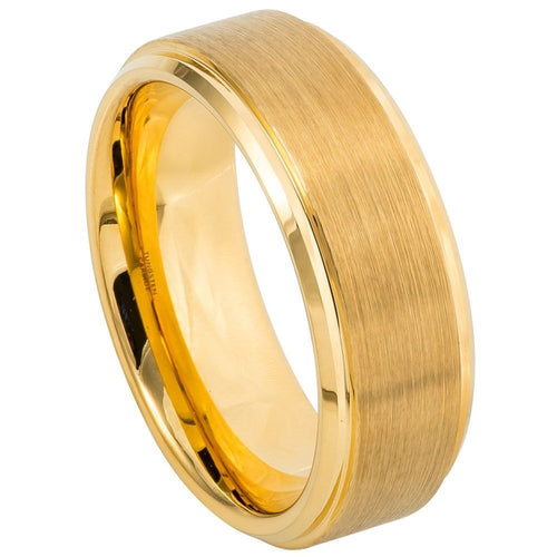 8mm Tungsten Carbide Yellow Gold IP Plated Flat Brushed Center with High Polish Stepped Edge