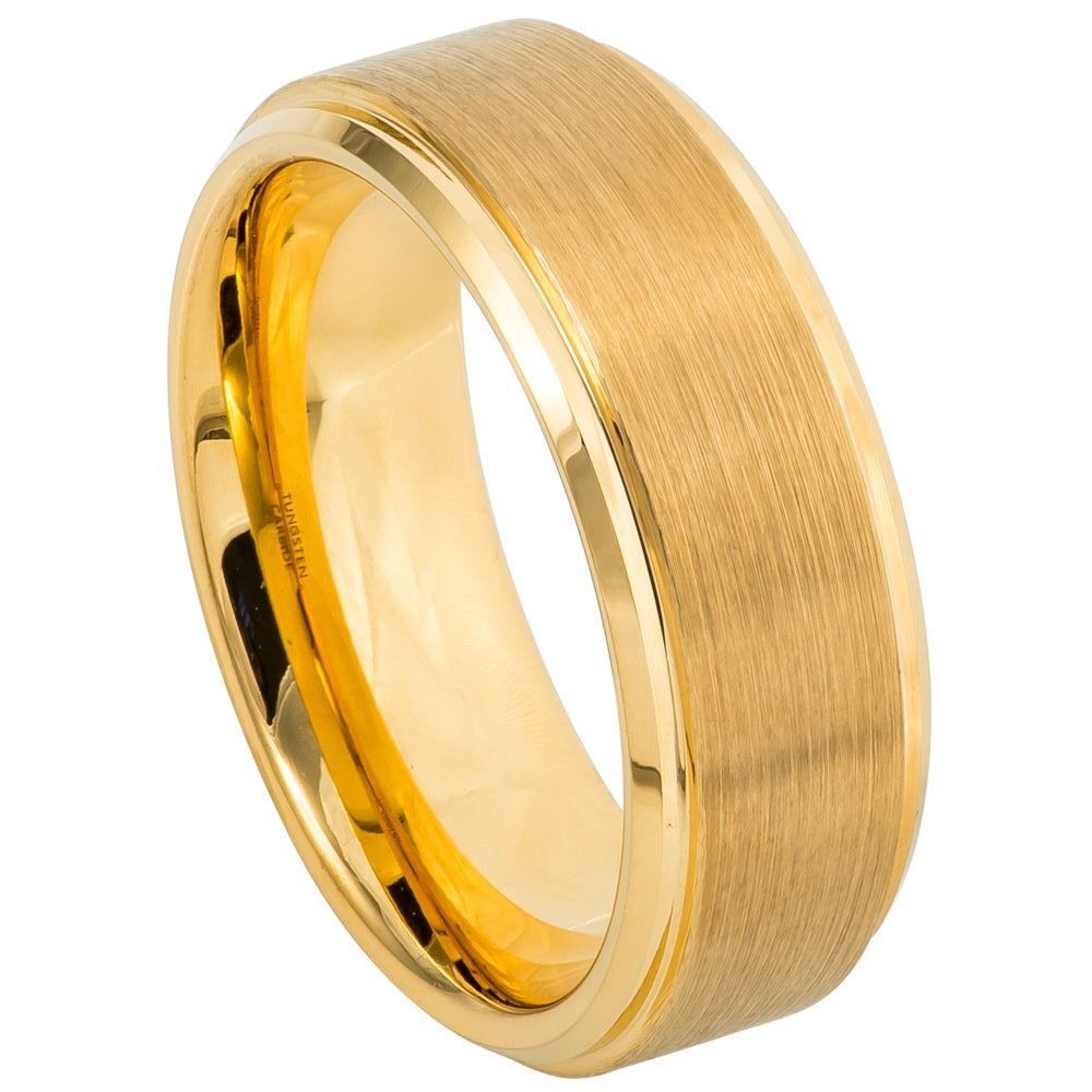 8mm Tungsten Carbide Yellow Gold IP Plated Flat Brushed Center with High Polish Stepped Edge