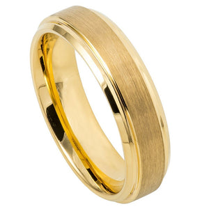 6mm Tungsten Carbide Yellow Gold IP Plated Flat Brushed Center with High Polish Stepped Edge