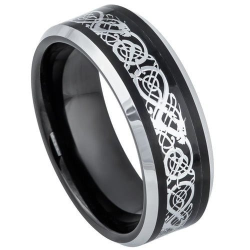 8mm Tungsten Carbide Black IP & Stainless SteelCeltic Cut-Out Design Inlay & Beveled Edge