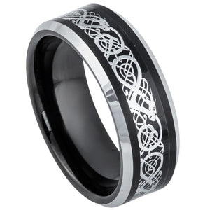 8mm Tungsten Carbide Black IP & Stainless SteelCeltic Cut-Out Design Inlay & Beveled Edge