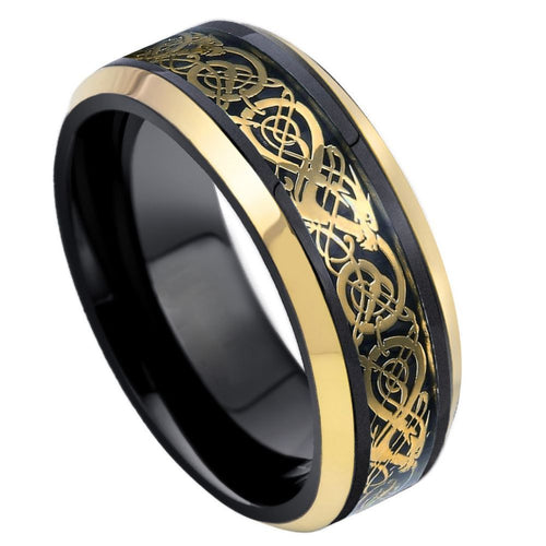 8mm Tungsten Carbide Two-tone Black & Yellow Gold IP Plated Celtic Cut-Out Design Inlay
