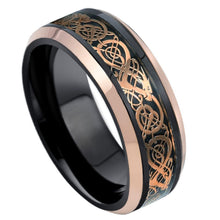Load image into Gallery viewer, 8mm Tungsten Carbide Two-tone Black &amp; Rose Gold IP Plated Celtic Cut-Out Design Inlay &amp; Beveled Edge