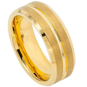 8mm Tungsten Carbide Yellow Gold IP Plated Grooved Center Brushed Beveled Edge Wedding Band Ring