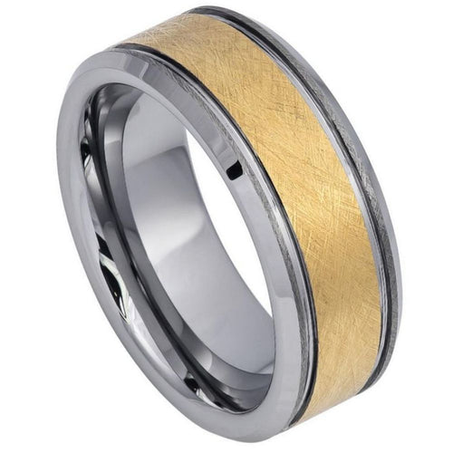 8mm Tungsten Carbide Yellow Gold IP Plated Wire Brushed Finished Center High Polished Stepped