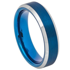 6mm Tungsten Carbide BlueIP Brushed Center High Polished Beveled Edge Wedding Band Ring
