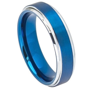 6mm Tungsten Carbide BlueIP Brushed Center High Polished Stepped/Beveled Edge Wedding Band Ring