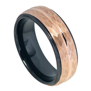 8mm Tungsten Carbide Two-tone Black IP Inside Rose Gold IP Hammered Finish with Center Wedding Ring
