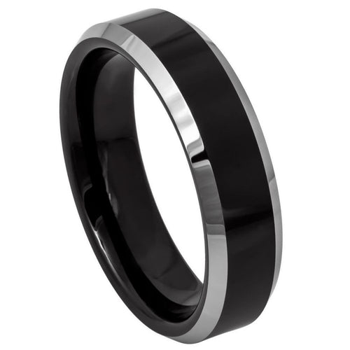 6mm Tungsten Carbide BlackIP Plated Center High Polished Steel Color Beveled Edge Wedding Band Ring