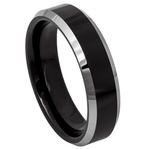 6mm Tungsten Carbide BlackIP Plated Center High Polished Steel Color Beveled Edge Wedding Band Ring