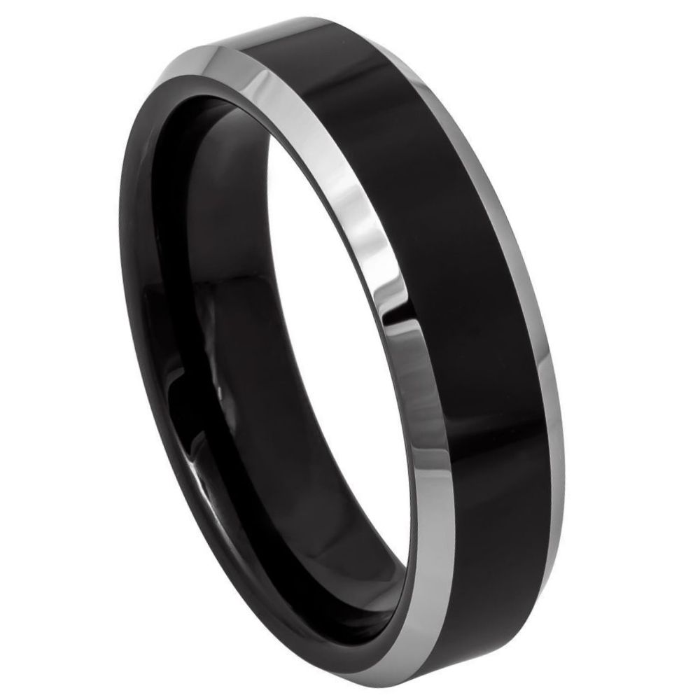 6mm Tungsten Carbide BlackIP Plated Center High Polished Steel Color Beveled Edge Wedding Band Ring