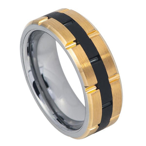 8mm Tungsten Carbide Two-tone Grooved Black IP Center and Grooved Yellow Gold IP Sides Wedding Ring