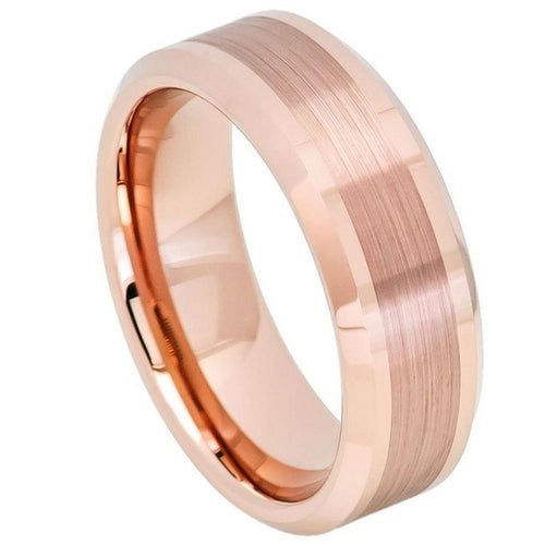 8mm Tungsten Carbide Rose Gold IP Plated Brushed Center High Polished Beveled Edge Wedding Band Ring