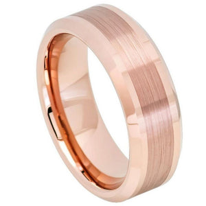 8mm Tungsten Carbide Rose Gold IP Plated Brushed Center High Polished Beveled Edge Wedding Band Ring